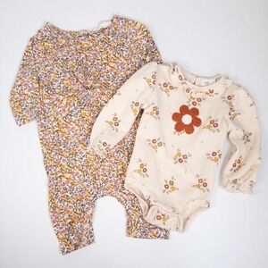 Jessica Simpson Rabbit Bear Romper Bodysuit Baby 0-3M Floral Ivory Set Boho